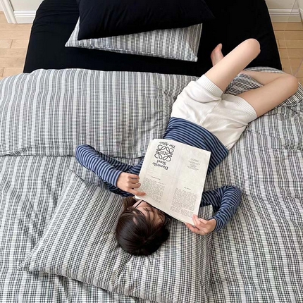 艾沁家纺 2024新款40S全棉色织水洗提花条纹四件套 花漾-黑（配1只黑枕+1只提花枕）