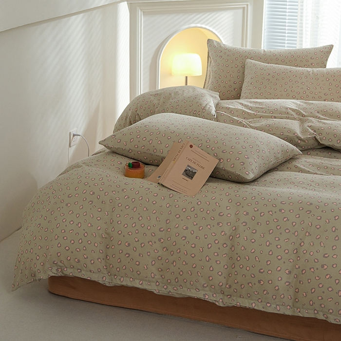 91家纺网 家纺一手货源 找家纺 麦伦家居 2024秋冬新款A类全棉有氧双层纱四件套 豹纹绿