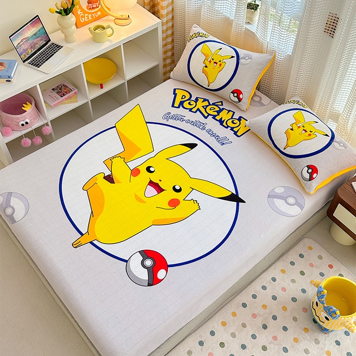 91家纺网 家纺一手货源 找家纺 ds生活馆 2026新款大版数码印花牛奶绒单床笠 宝可梦