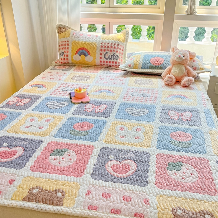 91家纺网 家纺一手货源 找家纺 川悦生活 2024新款A类印花雪花绒床垫加厚绒保暖床护垫 床垫甜蜜日常粉