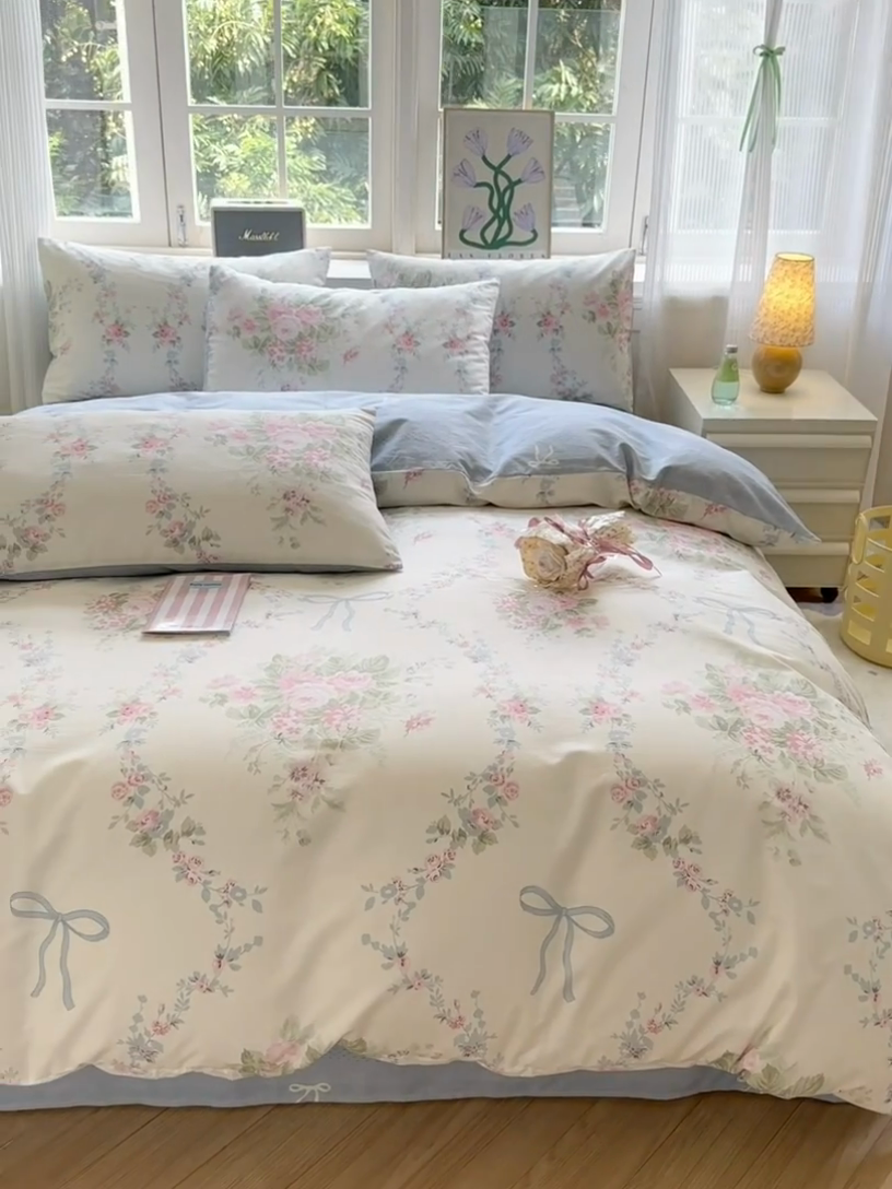 91家纺网 家纺一手货源 找家纺 清雅福 2024新款全棉13070印花单品系列-四件套 花蔓蓝