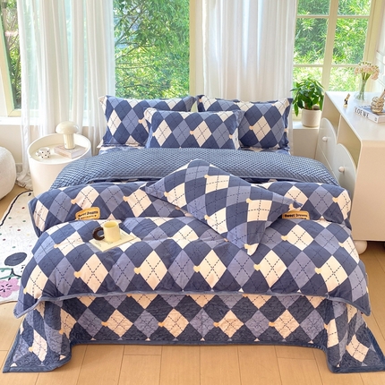 赫梵茜 2024新款高克重安抚豆豆被套牛奶绒夹棉床盖四件套 英伦风尚