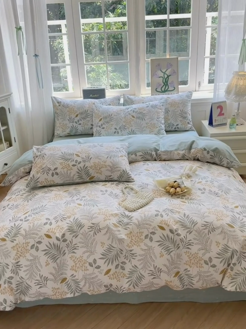 91家纺网 家纺一手货源 找家纺 清雅福 2024新款全棉13070印花单品系列-四件套 花影轻颜绿