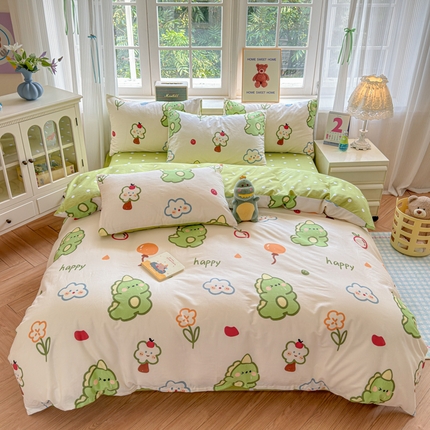 清雅福 2024新款全棉13070印花单品系列-四件套 恐龙日记米