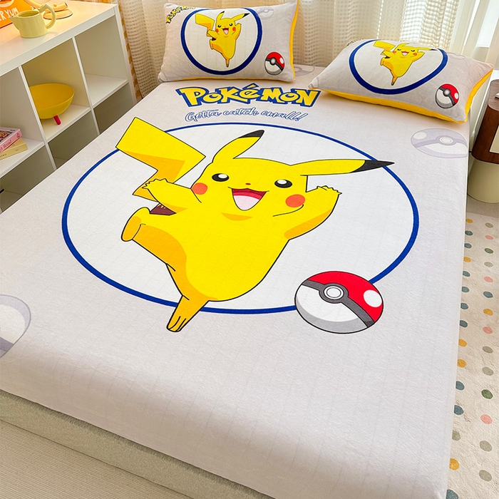 91家纺网 家纺一手货源 找家纺 ds生活馆 2026新款大版数码印花牛奶绒单床笠 宝可梦