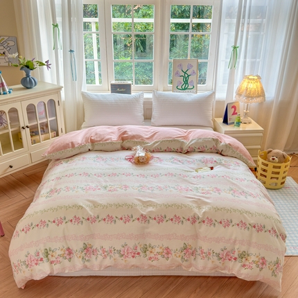 91家纺网 家纺一手货源 找家纺 清雅福 2024新款全棉13070印花单品系列-单被套 花梦初粉