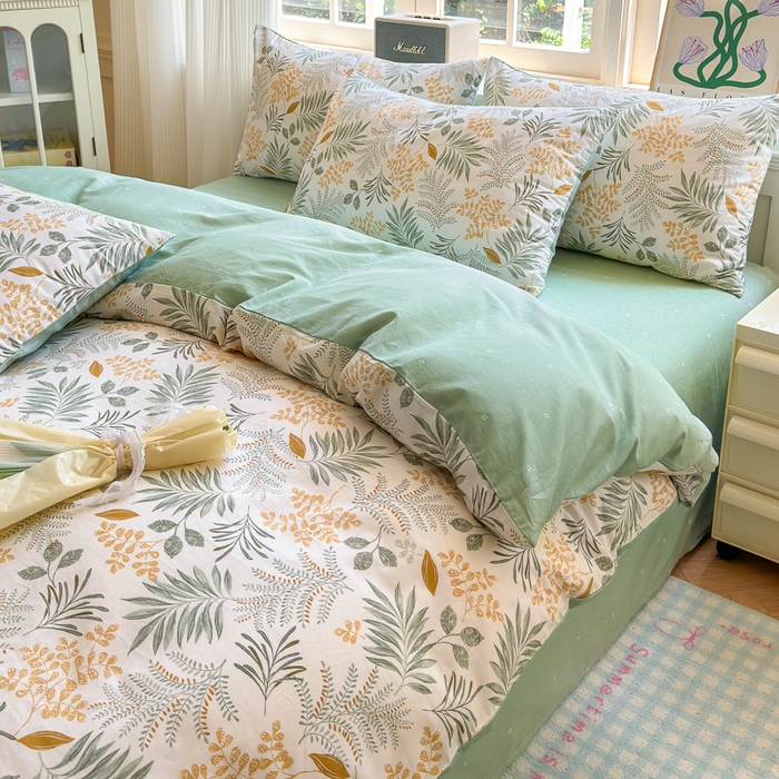 91家纺网 家纺一手货源 找家纺 清雅福 2024新款全棉13070印花单品系列-四件套 花影轻颜绿