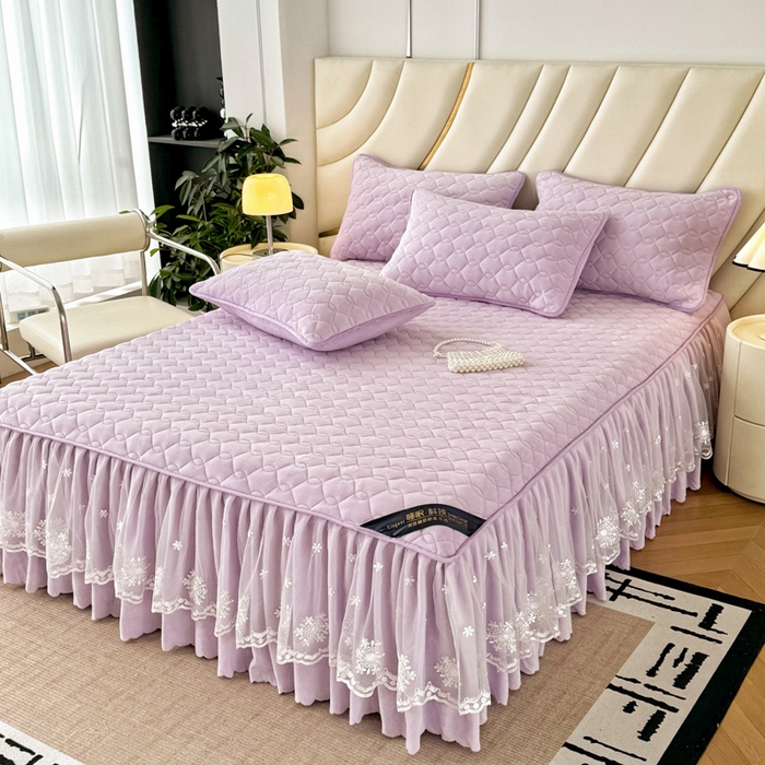 91家纺网 家纺一手货源 找家纺 品乐家纺 2024新款简约牛奶绒夹棉保暖床裙 浅紫