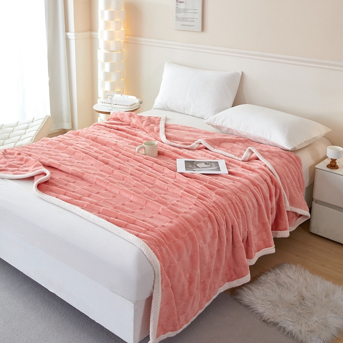 91家纺网 家纺一手货源 找家纺 可思家纺 2024新款纯色仿兔绒泡泡绒毛毯家用四级毯午睡毯 竹兰清羽巴黎橘