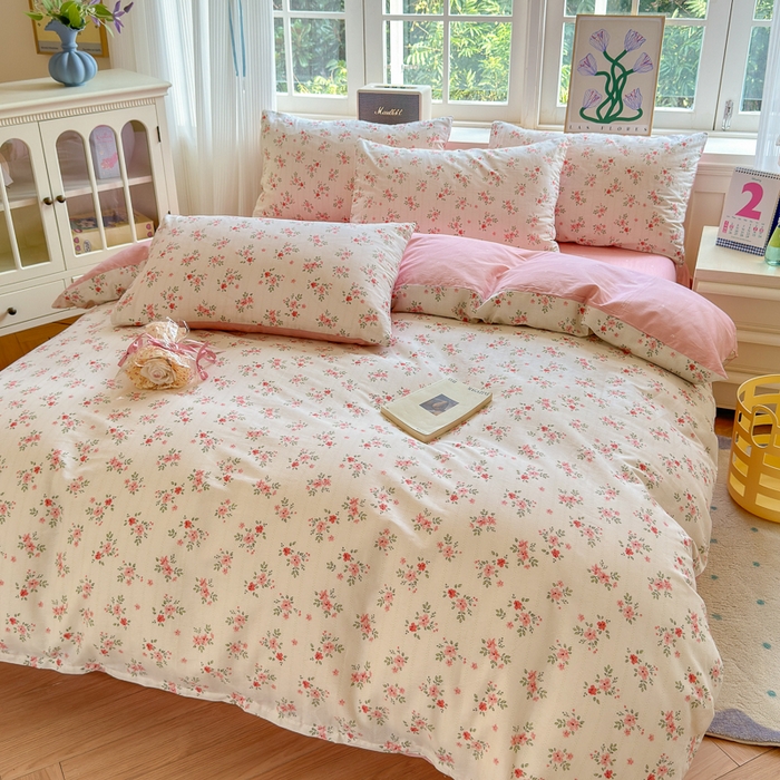 91家纺网 家纺一手货源 找家纺 清雅福 2024新款全棉13070印花单品系列-四件套 四季飘香粉