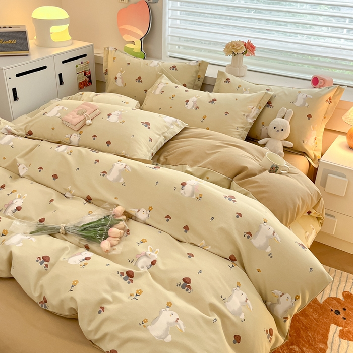 91家纺网 家纺一手货源 找家纺 慕尚家纺 2025新款原棉磨毛四件套单被套系列-四件套 蘑菇小兔