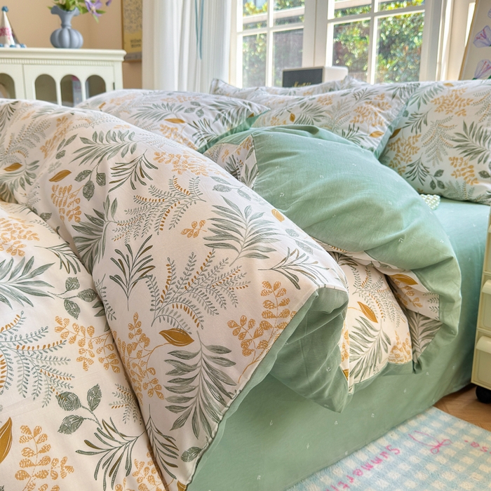 91家纺网 家纺一手货源 找家纺 清雅福 2024新款全棉13070印花单品系列-四件套 花影轻颜绿