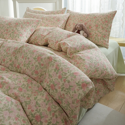 91家纺网 家纺一手货源 找家纺 麦伦家居 2024秋冬新款A类全棉有氧双层纱四件套 芙蓉-绿