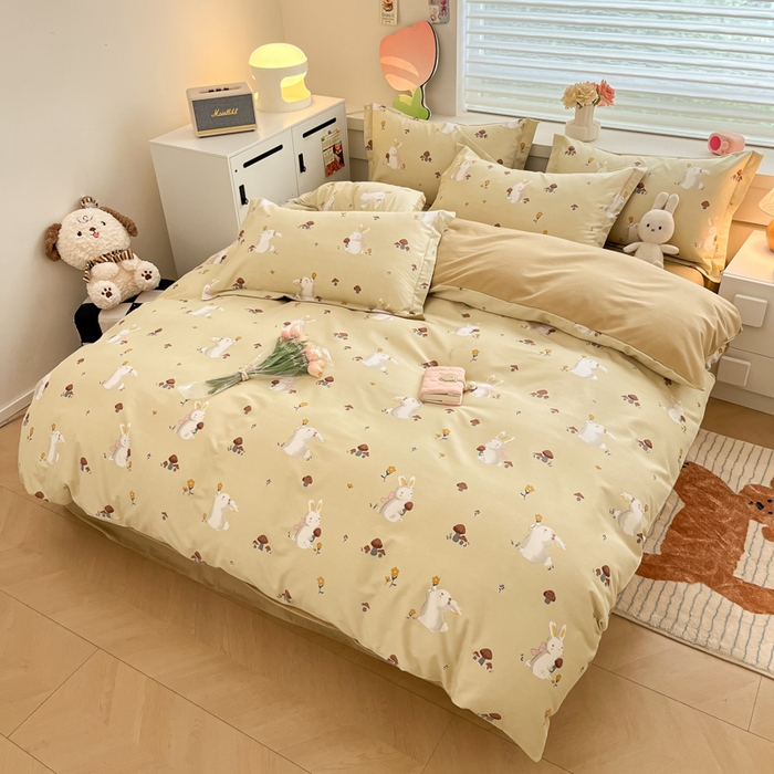 91家纺网 家纺一手货源 找家纺 慕尚家纺 2025新款原棉磨毛四件套单被套系列-四件套 蘑菇小兔