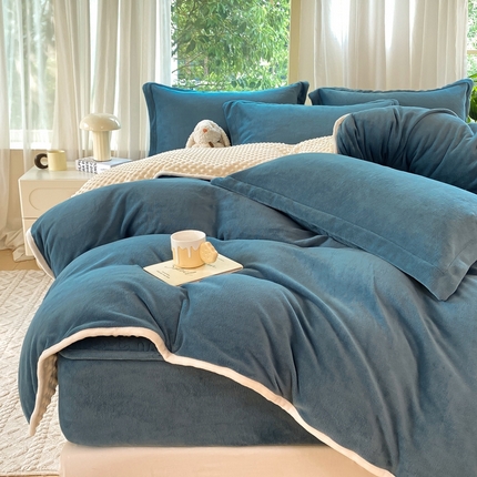 赫梵茜 2024新款高克重安抚豆豆被套加厚牛奶绒床盖加厚牛奶绒夹棉床笠四件套 新款蔚蓝