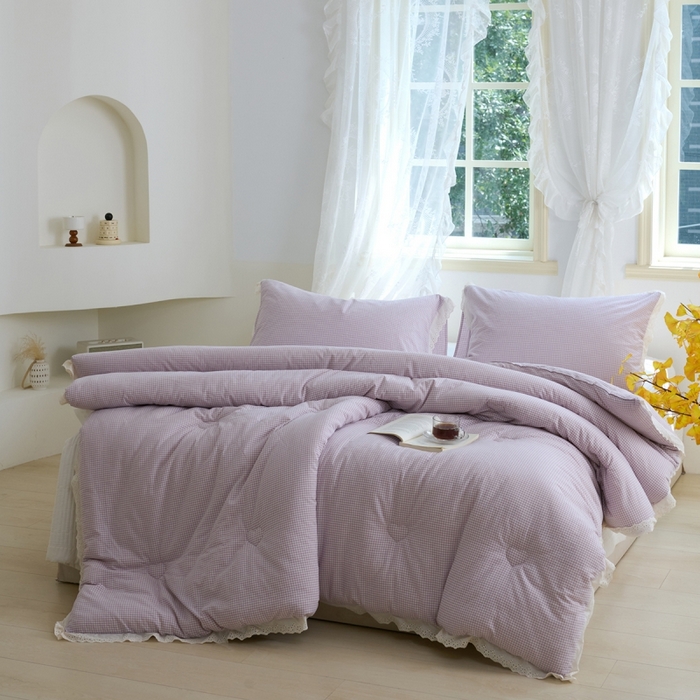 91家纺网 家纺一手货源 找家纺 久典家居 2024新款A类全棉色织水洗棉花边款大豆被 糖果紫