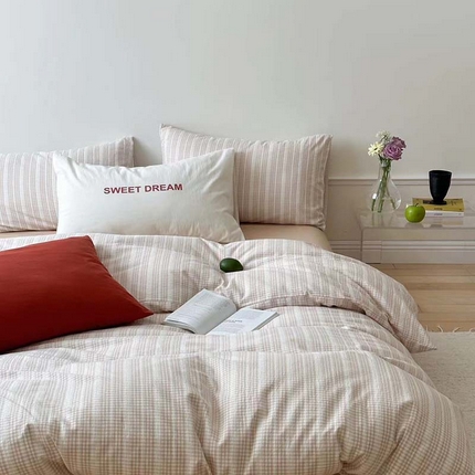艾沁家纺 2024新款40S全棉色织水洗提花条纹四件套 花漾-咖（配1只字母枕+1只提花枕）