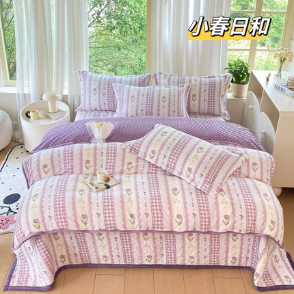 91家纺网 家纺一手货源 找家纺 总 赫梵茜 2024新款高克重安抚豆豆被套牛奶绒夹棉床盖四件套 