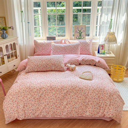 91家纺网 家纺一手货源 找家纺 清雅福 2024新款全棉13070印花单品系列-四件套 甜美梦境粉