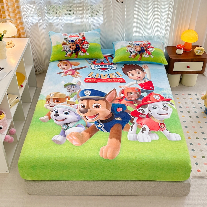 91家纺网 家纺一手货源 找家纺 ds生活馆 2026新款大版数码印花牛奶绒单床笠 汪汪队