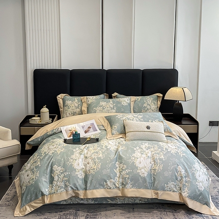 91家纺网 家纺一手货源 找家纺 娇逸家居 2024新款100支新疆长绒棉数码印花全棉四件套（专版花型） 伊芙琳-绿