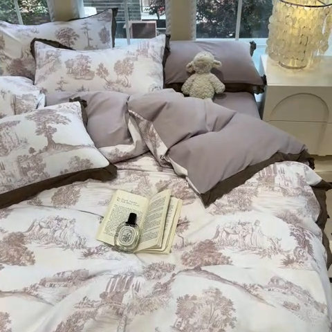 91家纺网 家纺一手货源 找家纺 沐辰 2024新款A类全棉磨毛花边款四件套 花边款-万木峥嵘