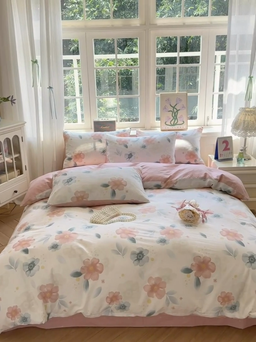 91家纺网 家纺一手货源 找家纺 清雅福 2024新款全棉13070印花单品系列-四件套 半夏清风粉