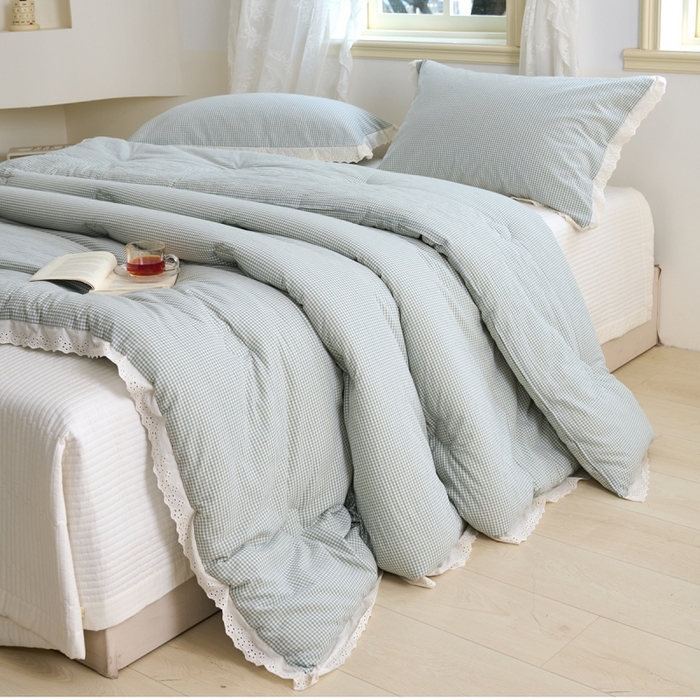 91家纺网 家纺一手货源 找家纺 久典家居 2024新款A类全棉色织水洗棉花边款大豆被 糖果绿