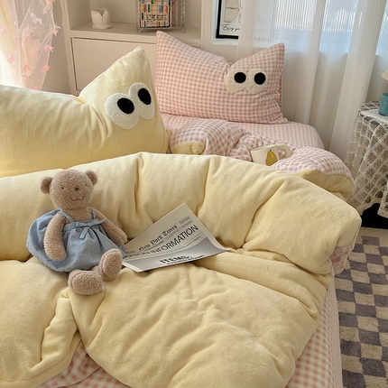 桃子家居 2024新款A类ins加厚毛巾绣大眼萌混搭撞色牛奶绒系列四件套 绒毛巾绣-大眼萌黄黄粉格