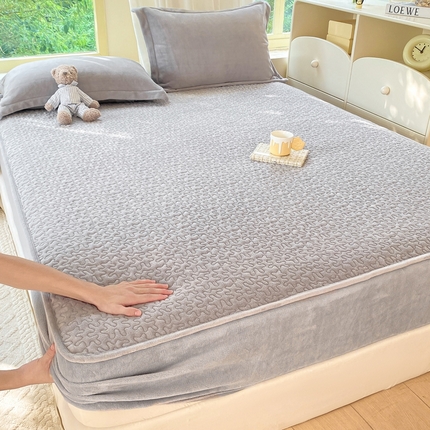 赫梵茜 2024新款高克重安抚豆豆被套牛奶绒夹棉床笠四件套 新款灰色