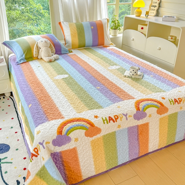 91家纺网 家纺一手货源 找家纺 赫梵茜 2024新款高克重安抚豆豆被套牛奶绒夹棉床盖四件套 彩虹