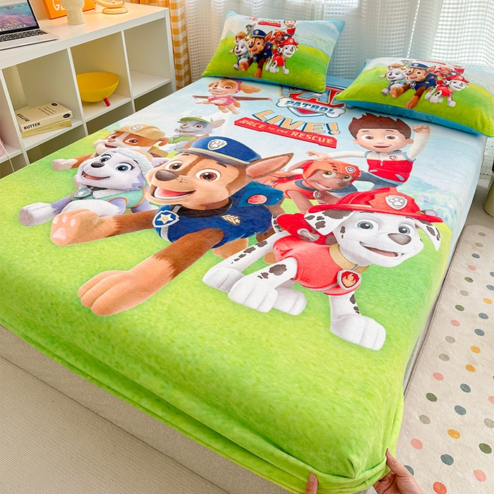 91家纺网 家纺一手货源 找家纺 ds生活馆 2026新款大版数码印花牛奶绒单床笠 汪汪队