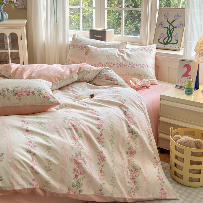 91家纺网 家纺一手货源 找家纺 清雅福 2024新款全棉13070印花单品系列-四件套 花梦初粉