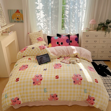 桃喜 2024秋冬新品卡通混搭牛奶绒系列四件套 黄格小怪兽