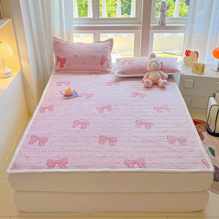 91家纺网 家纺一手货源 找家纺 川悦生活 2024新款A类印花雪花绒床垫加厚绒保暖床护垫 床垫暖暖蝴蝶结