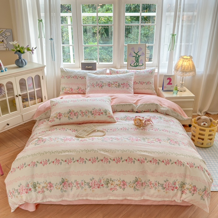 91家纺网 家纺一手货源 找家纺 清雅福 2024新款全棉13070印花单品系列-四件套 花梦初粉