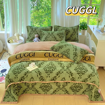 91家纺网 家纺一手货源 找家纺 总 赫梵茜 2024新款高克重安抚豆豆被套牛奶绒夹棉床盖四件套 