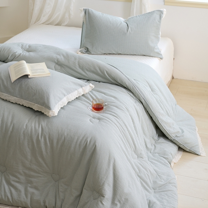 91家纺网 家纺一手货源 找家纺 久典家居 2024新款A类全棉色织水洗棉花边款大豆被 糖果绿