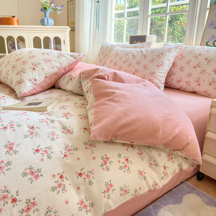 91家纺网 家纺一手货源 找家纺 清雅福 2024新款全棉13070印花单品系列-四件套 四季飘香粉