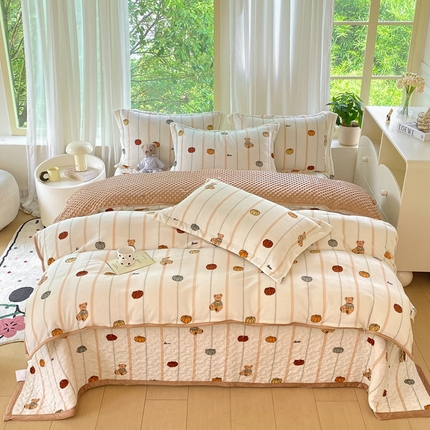 赫梵茜 2024新款高克重安抚豆豆被套牛奶绒夹棉床盖四件套 南瓜小熊