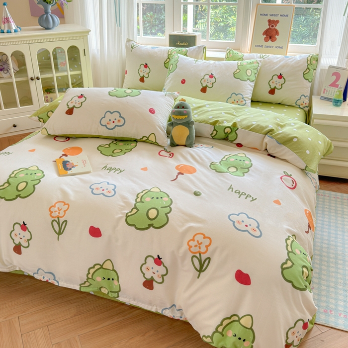 91家纺网 家纺一手货源 找家纺 清雅福 2024新款全棉13070印花单品系列-四件套 恐龙日记米