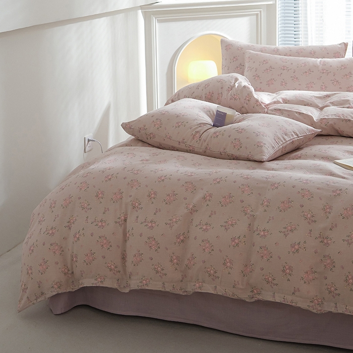 91家纺网 家纺一手货源 找家纺 麦伦家居 2024秋冬新款A类全棉有氧双层纱四件套 普罗旺斯粉