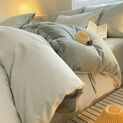 慕尚家纺 2025新款原棉磨毛四件套单被套系列-四件套 细条暮山灰蓝