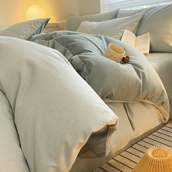 91家纺网 家纺一手货源 找家纺 慕尚家纺 2025新款原棉磨毛四件套单被套系列-四件套 细条暮山灰蓝