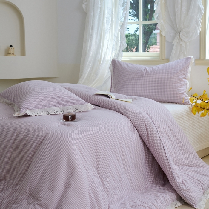 91家纺网 家纺一手货源 找家纺 久典家居 2024新款A类全棉色织水洗棉花边款大豆被 糖果紫