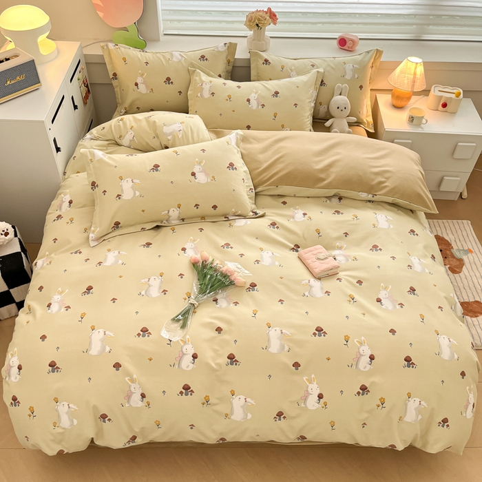 91家纺网 家纺一手货源 找家纺 慕尚家纺 2025新款原棉磨毛四件套单被套系列-四件套 蘑菇小兔