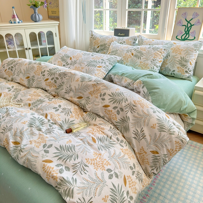 91家纺网 家纺一手货源 找家纺 清雅福 2024新款全棉13070印花单品系列-四件套 花影轻颜绿