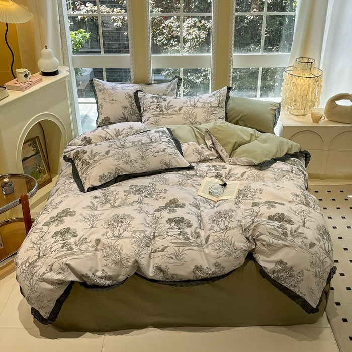 91家纺网 家纺一手货源 找家纺 沐辰 2024新款A类全棉磨毛花边款四件套 花边款-水木年华