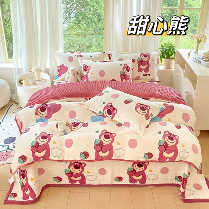 91家纺网 家纺一手货源 找家纺 总 赫梵茜 2024新款高克重安抚豆豆被套牛奶绒夹棉床盖四件套 