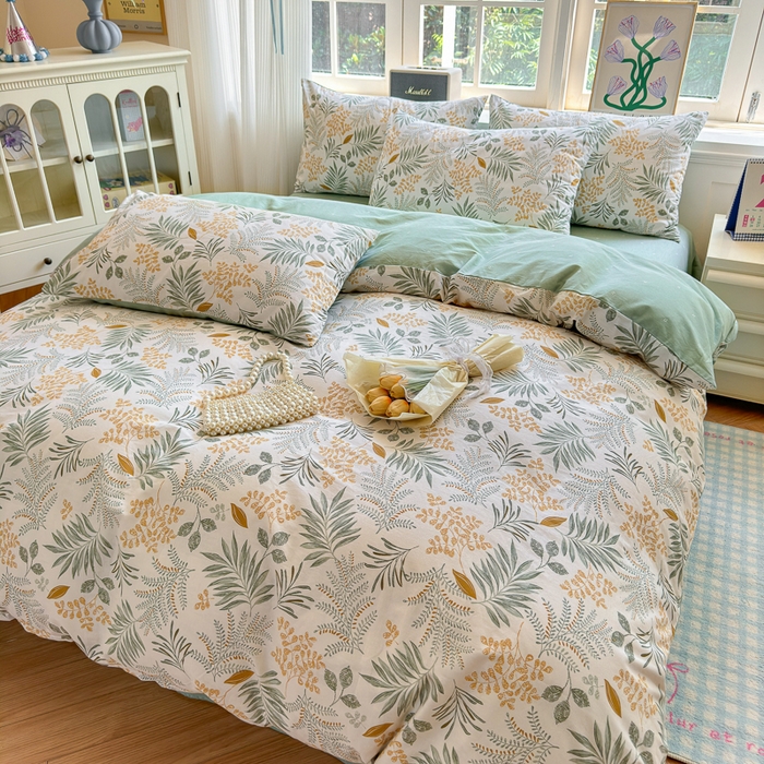 91家纺网 家纺一手货源 找家纺 清雅福 2024新款全棉13070印花单品系列-四件套 花影轻颜绿